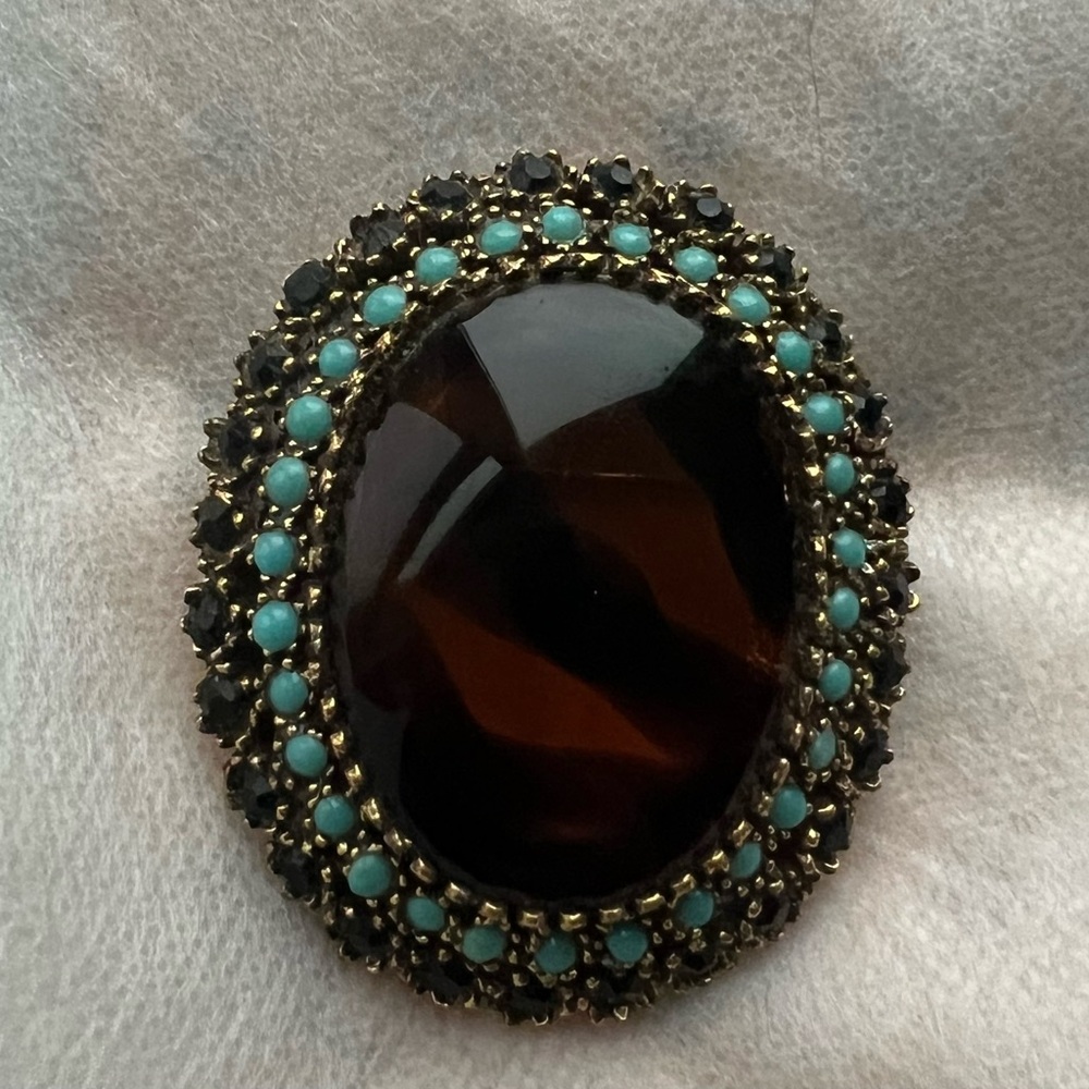 Pauline Rader Black Turquoise Tiger Stripe Oval Cabochon Pin Brooch Vintage